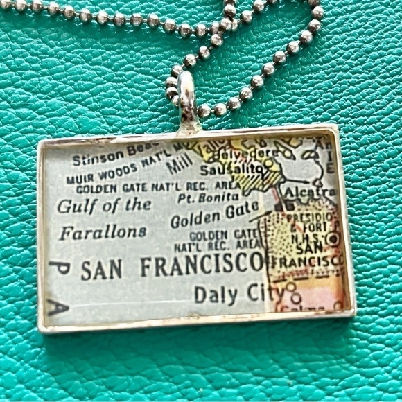San Francisco Vintage Map Pendant Necklace .925 Chain Northern California Retro - Picture 2 of 8